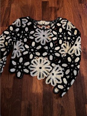 Rebellion Black & White Crochet Floral Sweater